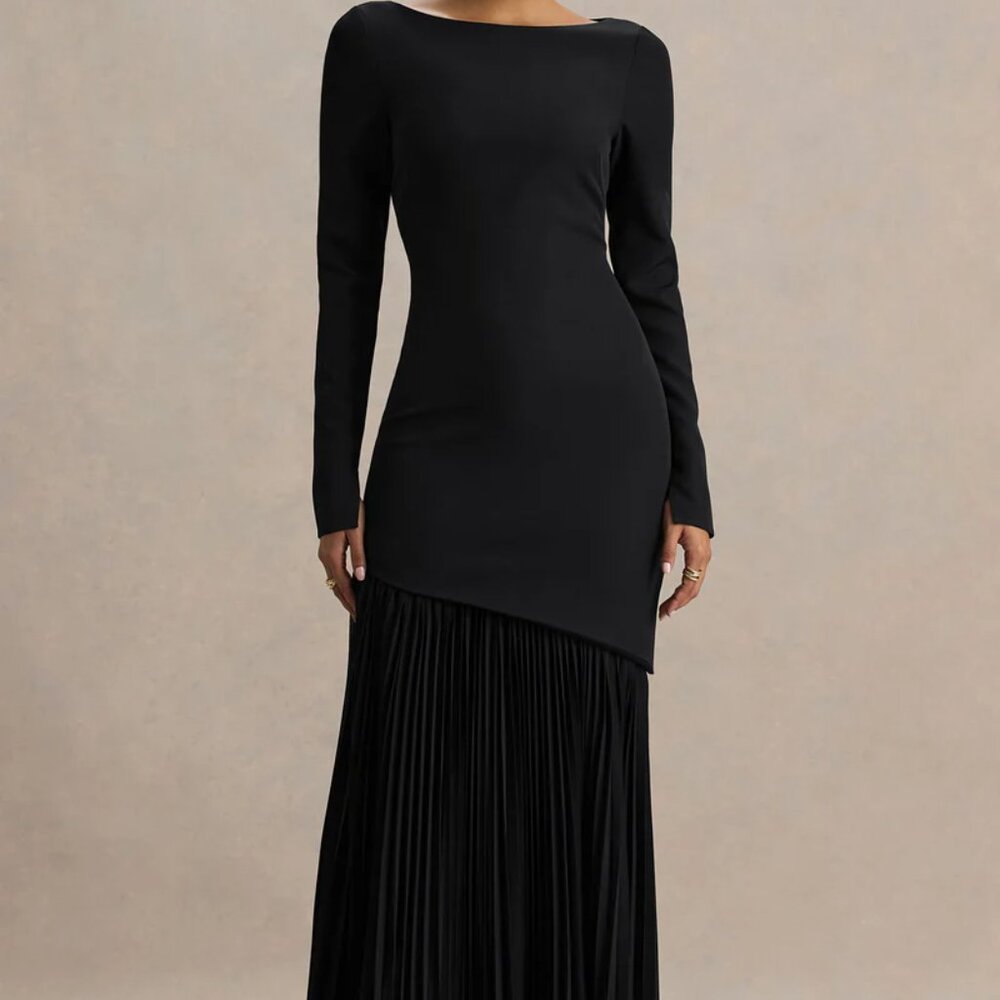 NEW WITH TAGS | Yanira Black Crepe & Georgette Boat-Neck Maxi Dress Drop Waist